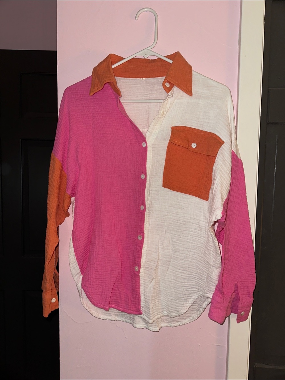 Colorblock Pink, White & Orange Button-Up Shirt